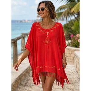 Island Planet Miami Beach Red Embroidered Sequin Fringe Kaftan Cover Up OS